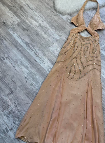 Niulatu Halter Sheath Chiffon Sequin Long Prom Dress Backless Champagne Formal Evening Dress HZ1026